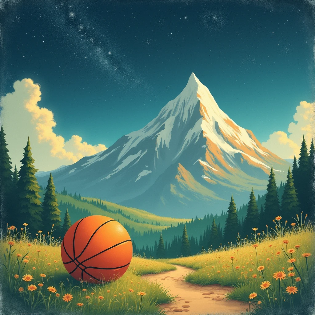 a vintage cartoon poetic scene in the foreground we see a basketball and in the background we see a mountain with an immense starry sky