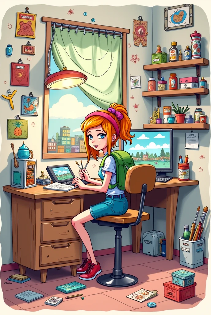 an 'Adventure time' styled female character, sitting at her desk holding an action figure and a paint brush. illustration. line art