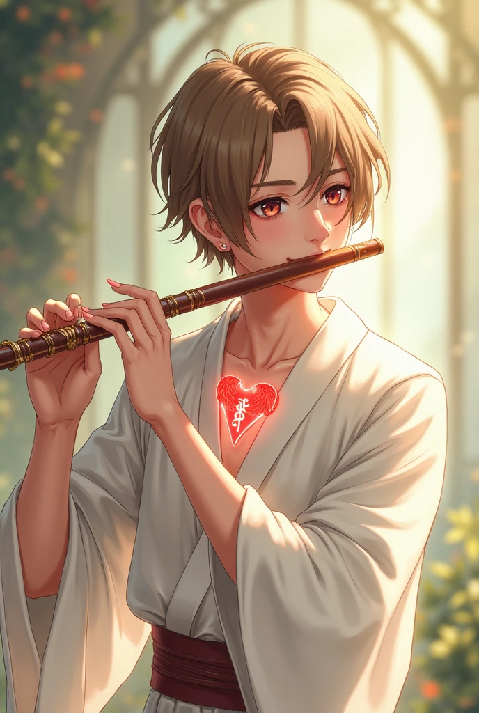 a young half-elf man with delicate, feminine features and shoulder-length light brown hair wearing white robes with a winged red heart symbol on the clothes at chest level, playing the flute anime style