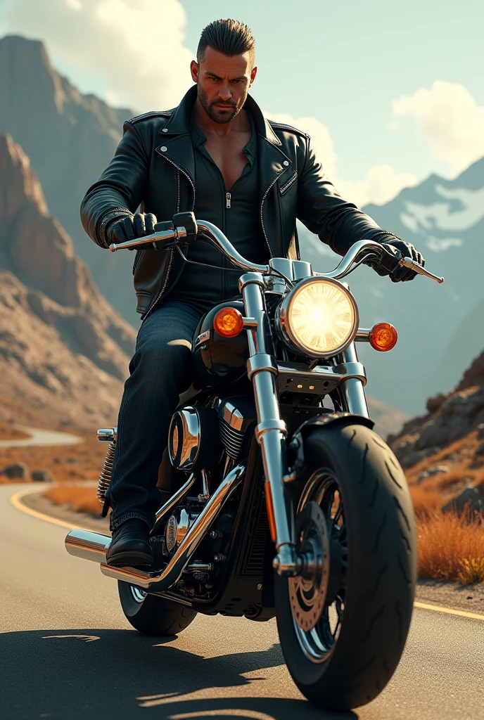 A tall man on a motorcycle with the following characteristics: