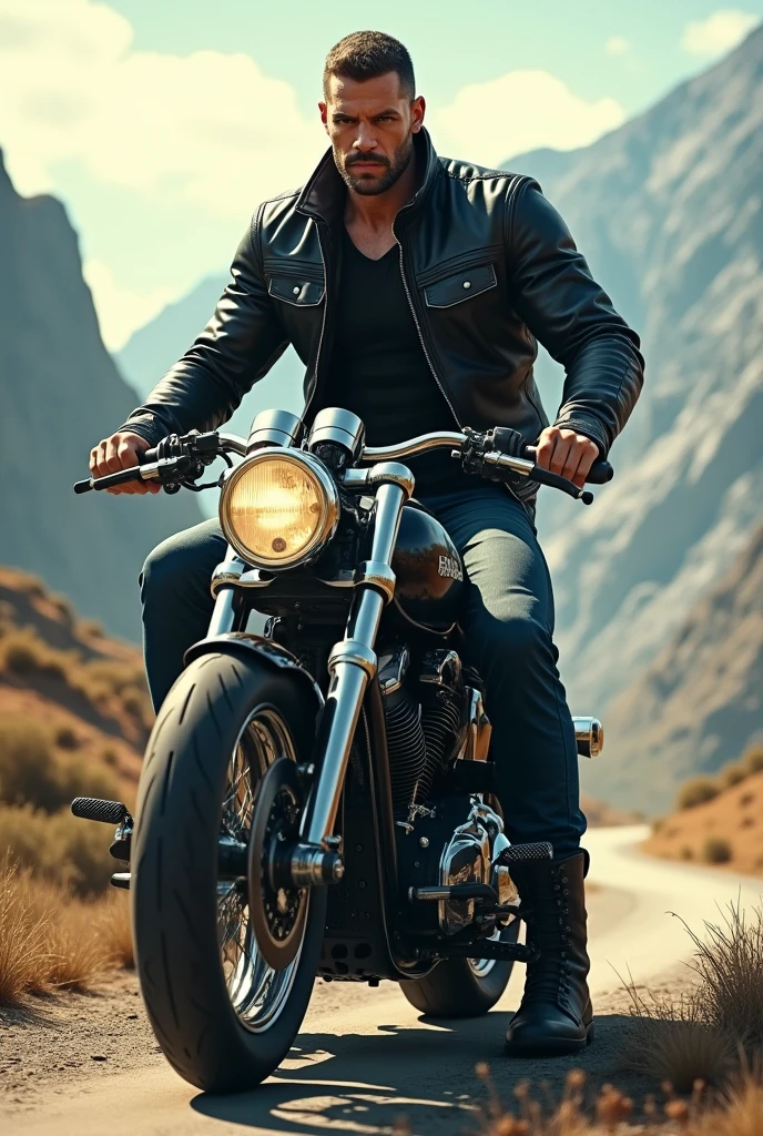 A tall man on a motorcycle with the following characteristics: 