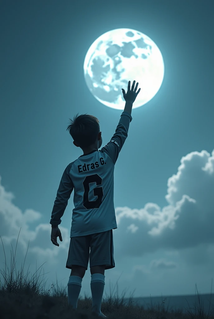 high quality photography ((masterpiece))
A boy with his back turned, He is standing touching the moon. On his back he has the name Edras G., in his long-sleeved football shirt 