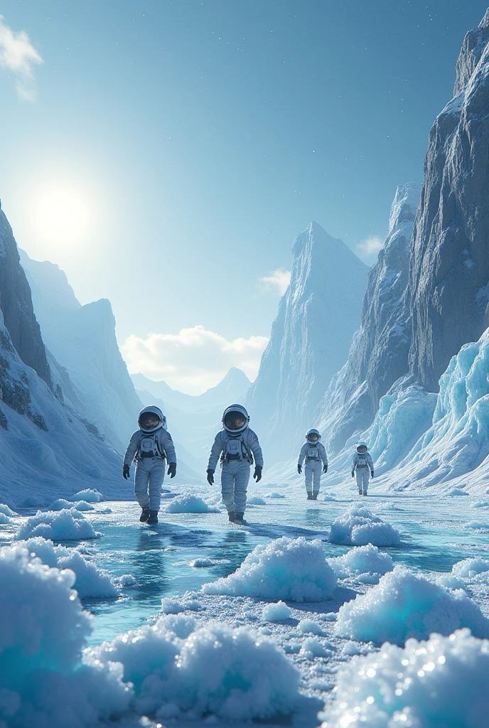 Des astronautes découvrant une nouvelle planète, la planète de glace à manger