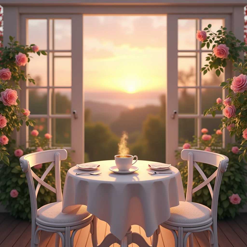 White round table,White chair,coffee,sunset,Pink roses ,glass house,vintage