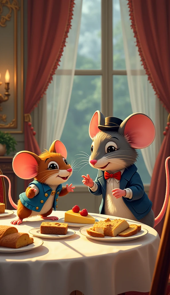 Setting: A grand, luxurious house in the city, with rich decorations and fancy furniture.
Visuals: The city mouse leads the country mouse into a grand house, much larger and fancier than the country mouse’s home. The city mouse is clearly in his element, strutting confidently as he shows off the lavish surroundings. The table is filled with rich, delicious food—cheese, bread, and cakes, all beautifully presented. The country mouse, still wearing his simple blue vest, looks around in awe, but also a bit overwhelmed by the extravagance. They start to eat, but the country mouse remains cautious, not used to such luxury.
The country mouse, a small and gentle-looking mouse with brown fur and bright, kind eyes, He is wearing a little blue vest and appears to be in his late teens, full of energy and warmth.
The city mouse is sleek and grey, with sharp eyes and a small hat perched on his head. He looks a bit older, maybe in his early twenties, and has an air of sophistication.
Show as cartoons