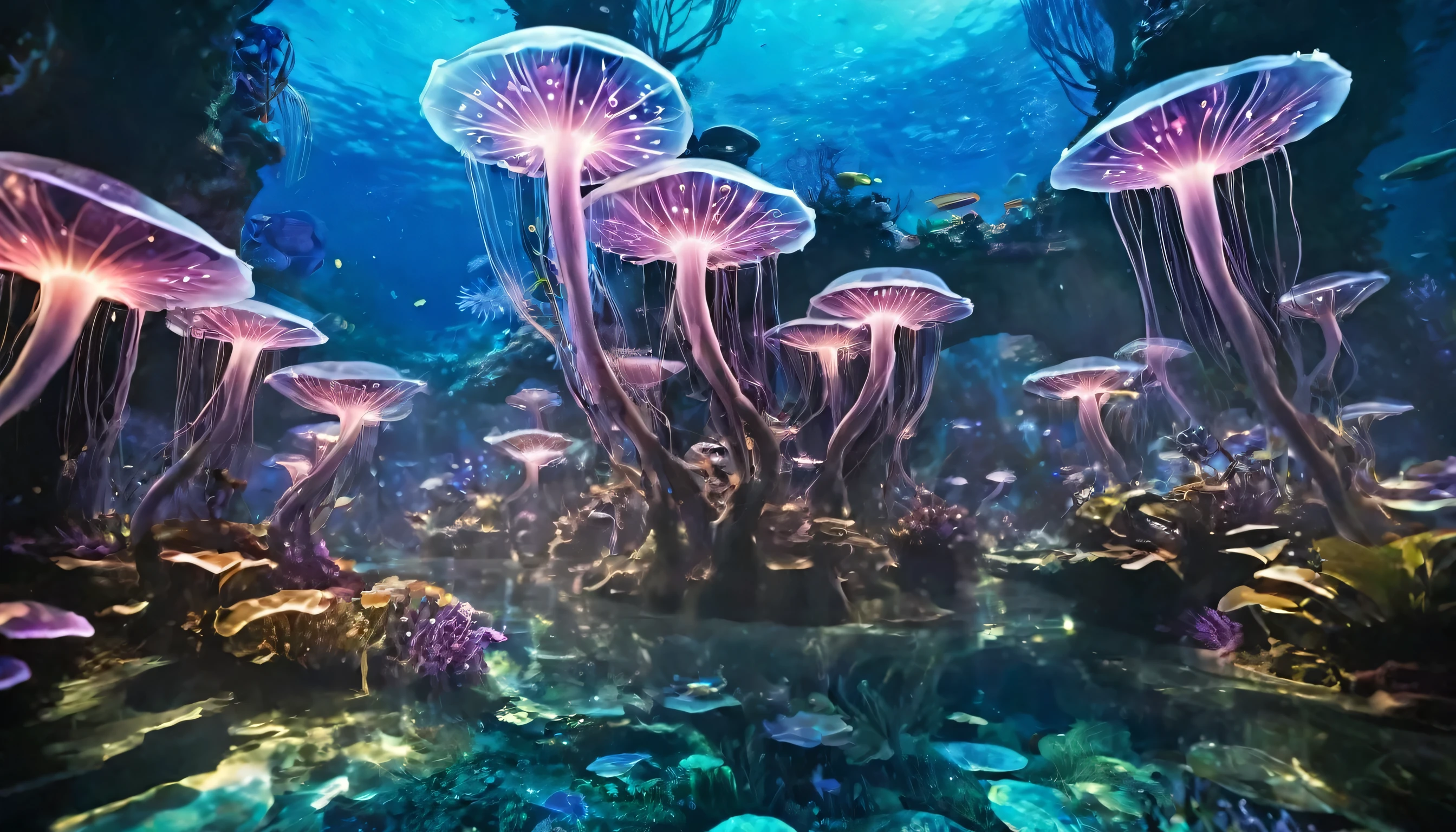 Description: Dive deep into the mesmerizing underwater world of Pandora, a place where the magic of the Avatar universe extends below the surface. The ocean is an expanse of shimmering blues and light blue hues, with beams of sunlight piercing the surface, casting a moody, cinematic light. At the heart of this underwater paradise stands the underwater equivalent of the Tree of Life, a magnificent coral tree that glows with a serene blend of purple and blue bioluminescence. Its tendrils spread out, reaching across the ocean floor, casting an enchanting glow on everything around. Surrounding this central tree are clusters of fantastical aquatic plants. These plants have long, sinuous leaves that sway gently with the ocean currents, each leaf tipped with bioluminescent nodes that pulse with light. Some resemble giant anemones, with soft, flowing tendrils that create a dance of colors—soft pinks, blues, and purples—adding a dreamlike quality to the scene. Swimming gracefully among these plants are the exotic sea creatures of Pandora. Sleek, elongated creatures resembling a fusion of dolphins and manta rays glide effortlessly. Their bodies are covered in translucent scales that shimmer with hints of purple and blue, making them appear as living jewels. Some have glowing markings that change color, acting as communication signals. Smaller, luminescent fish dart between the coral and plant life, their scales sparkling like stars in the ocean's night sky. Tiny glowing jellyfish-like creatures float through the water, trailing luminescent tendrils. They create a mystical effect as they drift by, illuminating the path for larger sea creatures. Bioluminescent particles float throughout the scene, adding an ethereal touch, as if the water itself is alive with light. Key Elements: Underwater Tree of Life: A massive coral tree with glowing purple and blue tendrils, central to the underwater landscape. Bioluminescent Aquatic Plants: Flowing plants with glowing tips and soft c
