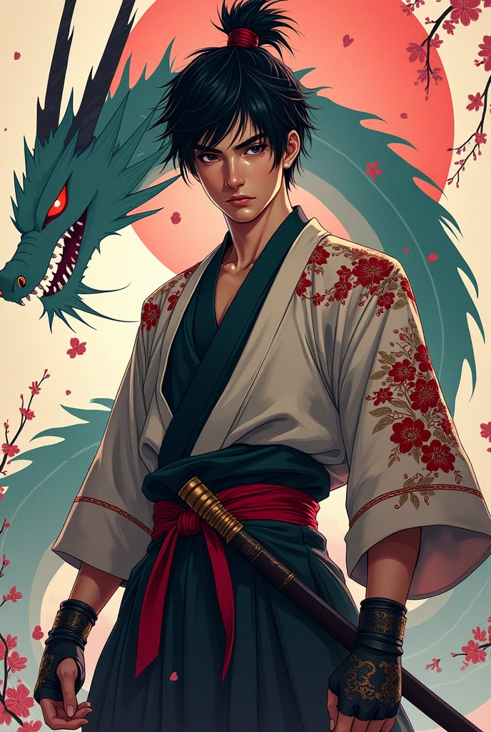 age samurai in cool clothes and also inspired by Japanese tradition with a legendary aura around him and a Japanese dragon behind him in anime style