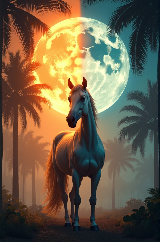 Create an image with palm trees, a Chaco horse, the sun on one side and the moon on the other side