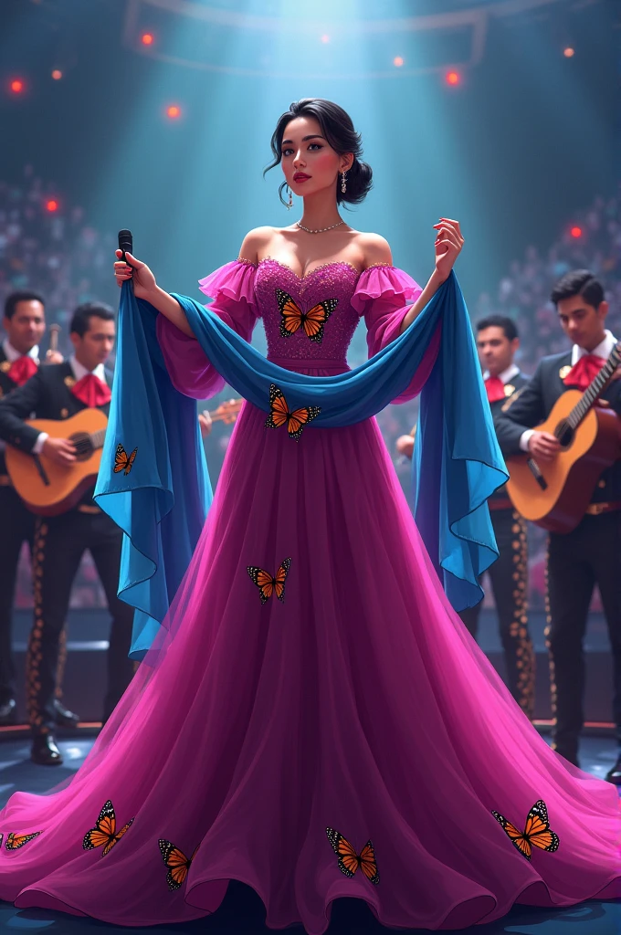 create an illustration of a singer on stage, tall woman, with dark hair gathered in a low bun, wearing a fuchsia princess style long dress, with monarch butterfly appliqués on the side from the chest to the feet, with layered sleeves that fall over her shoulders , a long blue scarf tied in his left hand and in his right he holds a microphone with which he sings, In the background she is accompanied by a mariachi orchestra with costumes and instruments, The lighting is that of an elegant and special concert