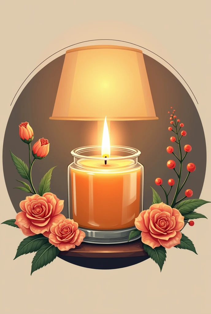 Create a logo with a liquid oil candle in a 77ml Gerber jar in a circle, with more decorations, Now with a table lamp in the background inside the circle
