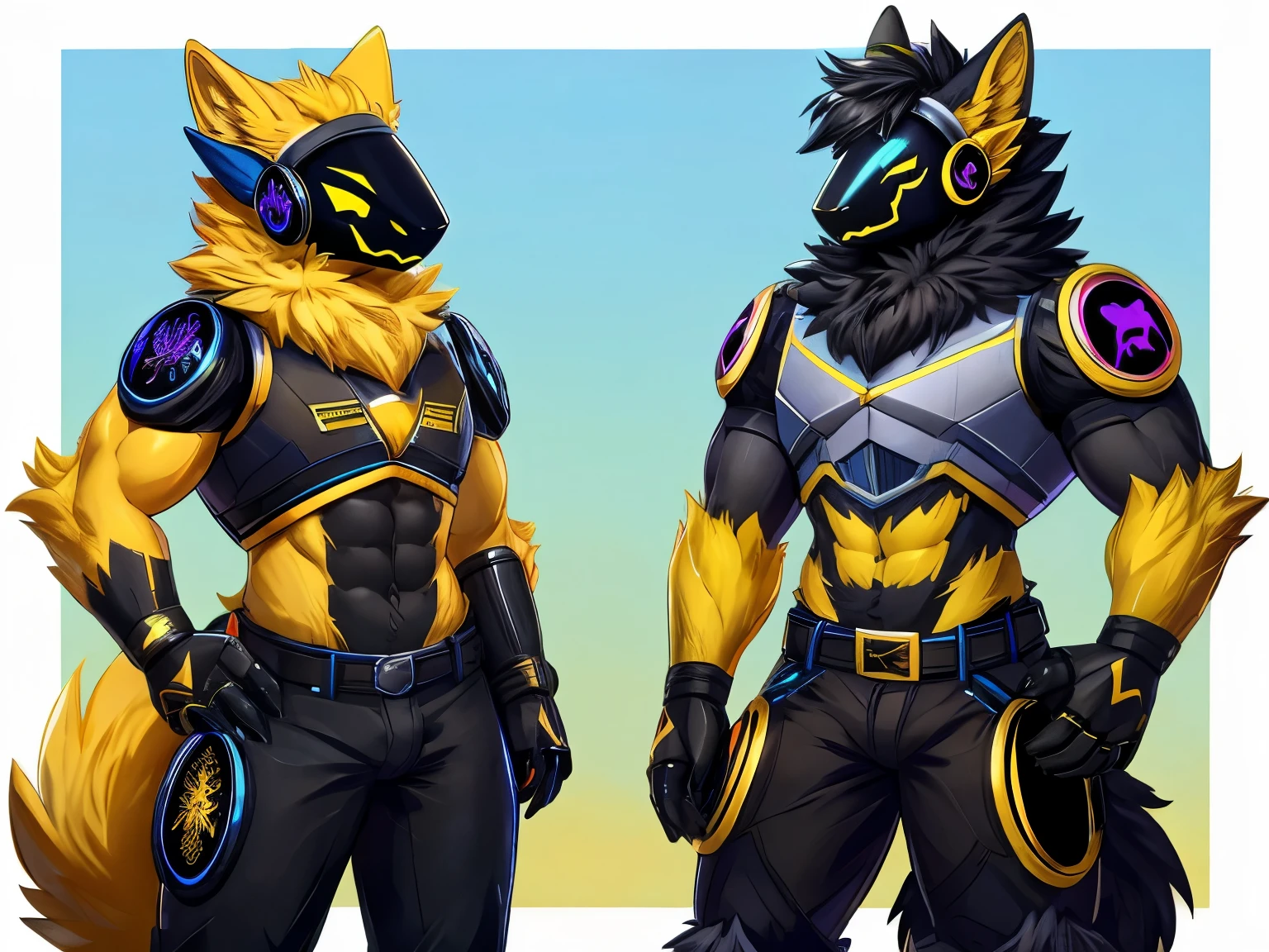 Protogen, The robot, machinery, male , Black fur, little yellow fur, yellow Eyes, Black long pants, Sexy, Muscular