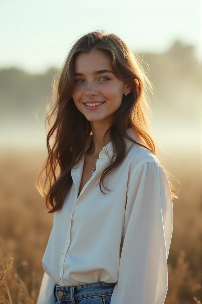 yael shelbia(Beautiful and bold,Seductive and captivating,eBlue eyes,Long curly black hair,Sweaty body,Open shirt,shorter pants,my,Boots,bucket-hat)。(Autumn roads,setting sun,grassy fields,film effect),(best qualtiy,tmasterpiece,depth of fields,Full-HD,4K,detail-rich)。Estilo Retrato