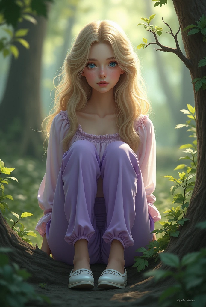 Make a  girl, she has blue eyes, long blonde curly hair, she has white and delicate skin.
She is wearing purple pants and a purple blouse, her shoes are white
she is in the middle of a forest 