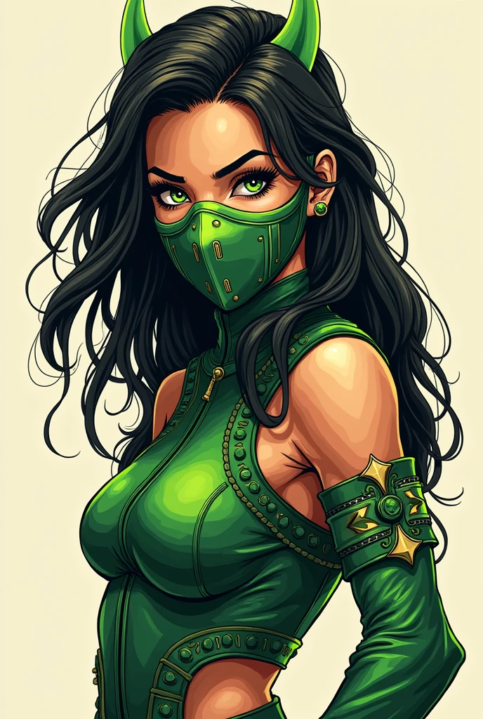 midshot, centered image, ultra detailed illustration of Jade from Mortal Kombat, green clothes, posing, (tetradic colors), inkpunk, (ink lines:1.1), strong outlines, art by MSchiffer, bold traces, unframed, high contrast, (cel-shaded:1.1), vector, 32k resolution, best quality, flat colors, flat lights (Tati Gabrielle) ninja mask