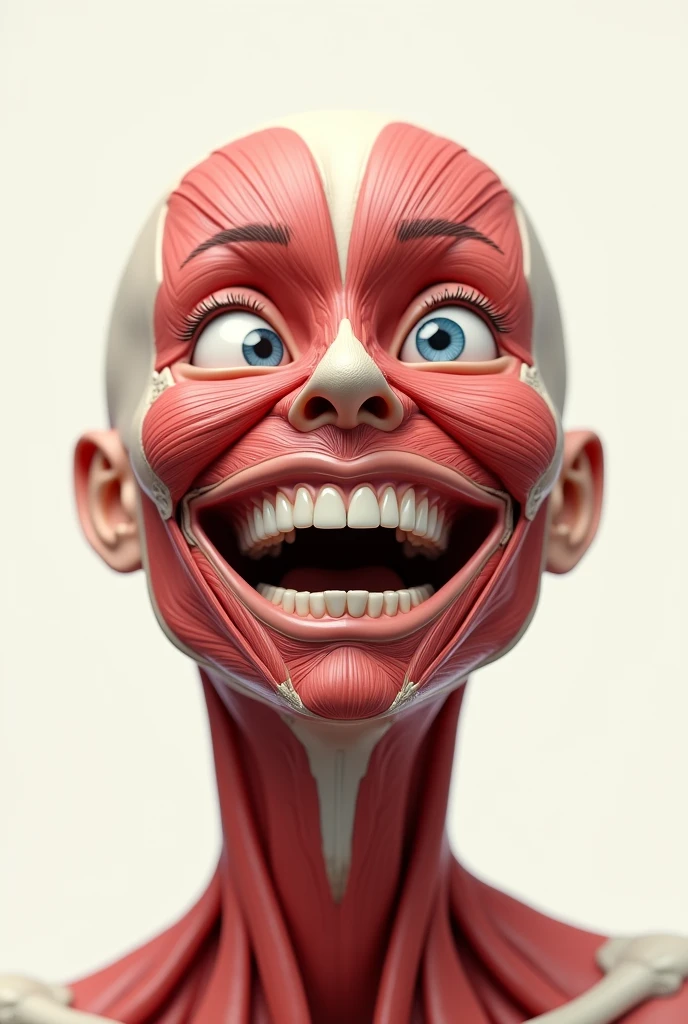 Facial muscles smiling and looking up and to the left side without skin