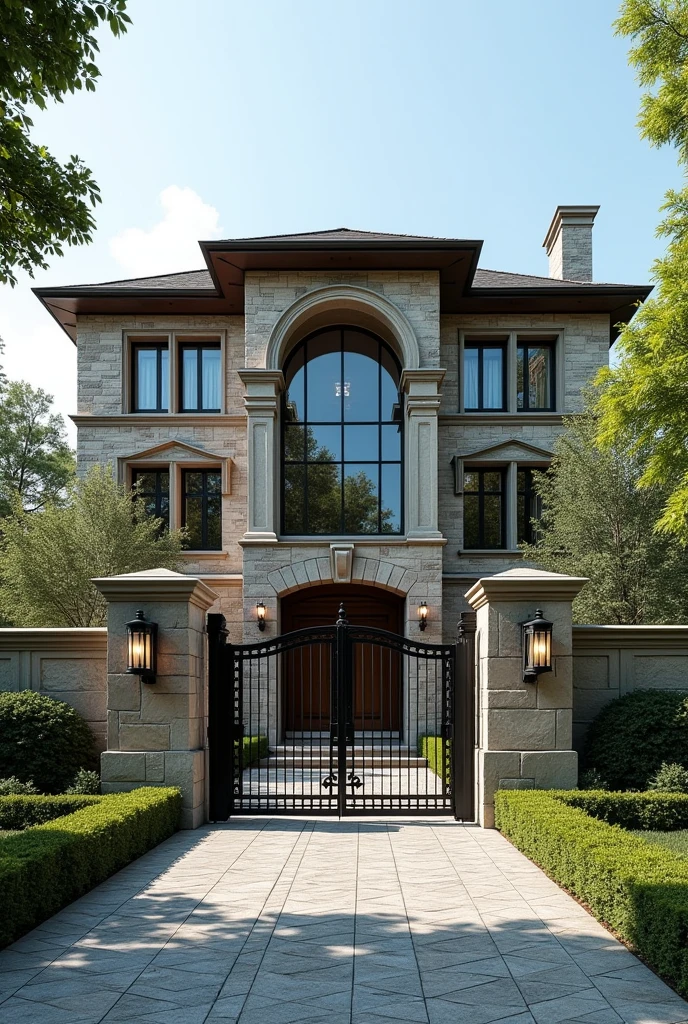 front of two-story house with masonry wall and glass with vehicle entrance gate and door for people to enter