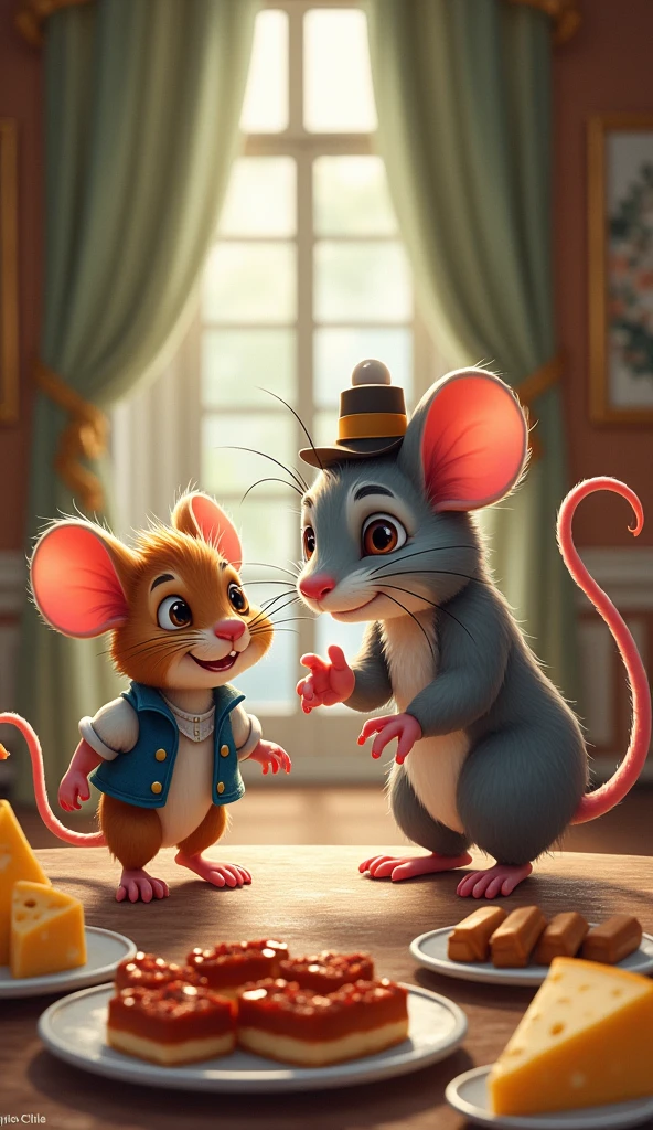 Setting: A grand, luxurious house in the city, with rich decorations and fancy furniture.
Visuals: The city mouse leads the country mouse into a grand house, much larger and fancier than the country mouse’s home. The city mouse is clearly in his element, strutting confidently as he shows off the lavish surroundings. The table is filled with rich, delicious food—cheese, bread, and cakes, all beautifully presented. The country mouse, still wearing his simple blue vest, looks around in awe, but also a bit overwhelmed by the extravagance. They start to eat, but the country mouse remains cautious, not used to such luxury.
The country mouse, a small and gentle-looking mouse with brown fur and bright, kind eyes, He is wearing a little blue vest and appears to be in his late teens, full of energy and warmth.
The city mouse is sleek and grey, with sharp eyes and a small hat perched on his head. He looks a bit older, maybe in his early twenties, and has an air of sophistication.
Show as cartoons