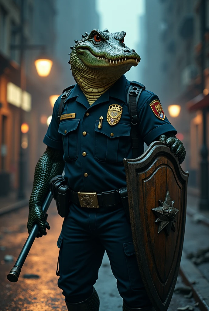 Police alligator with shield and baton