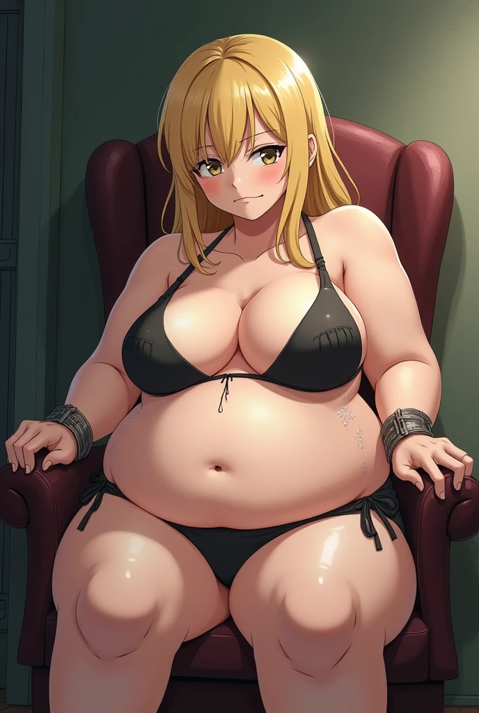 Obese anime blonde girl being sad and wearing bikini and overfed and sitting on the chair, her belly is VERY GIANT, Her hands are tied and her breasts are sticking out, girl's belly is wet , her breasts are round shape