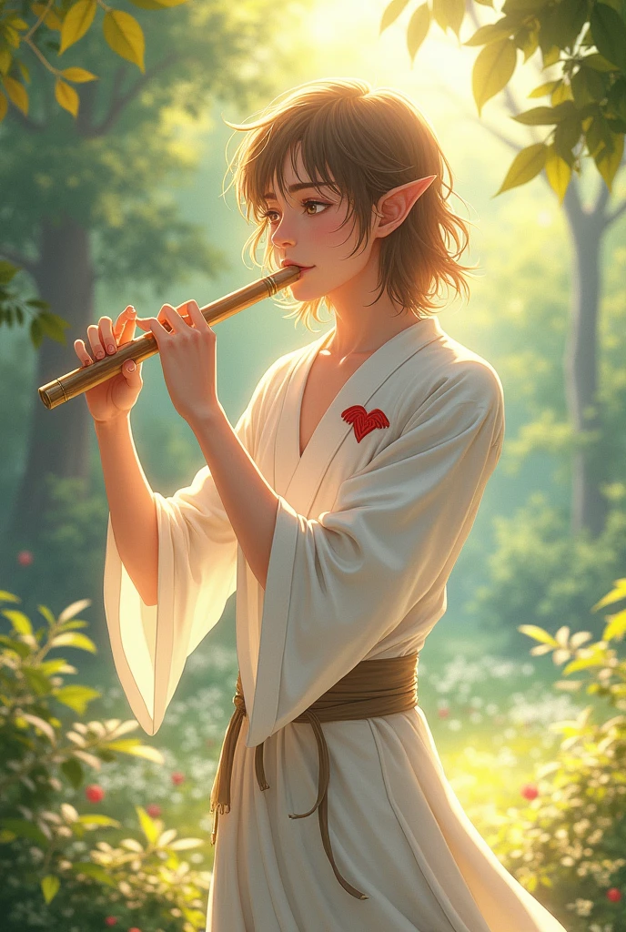 a young half-elf man with delicate, feminine features and shoulder-length light brown hair wearing white robes with a winged red heart symbol drawn on the clothes at chest level, playing the flute anime style
