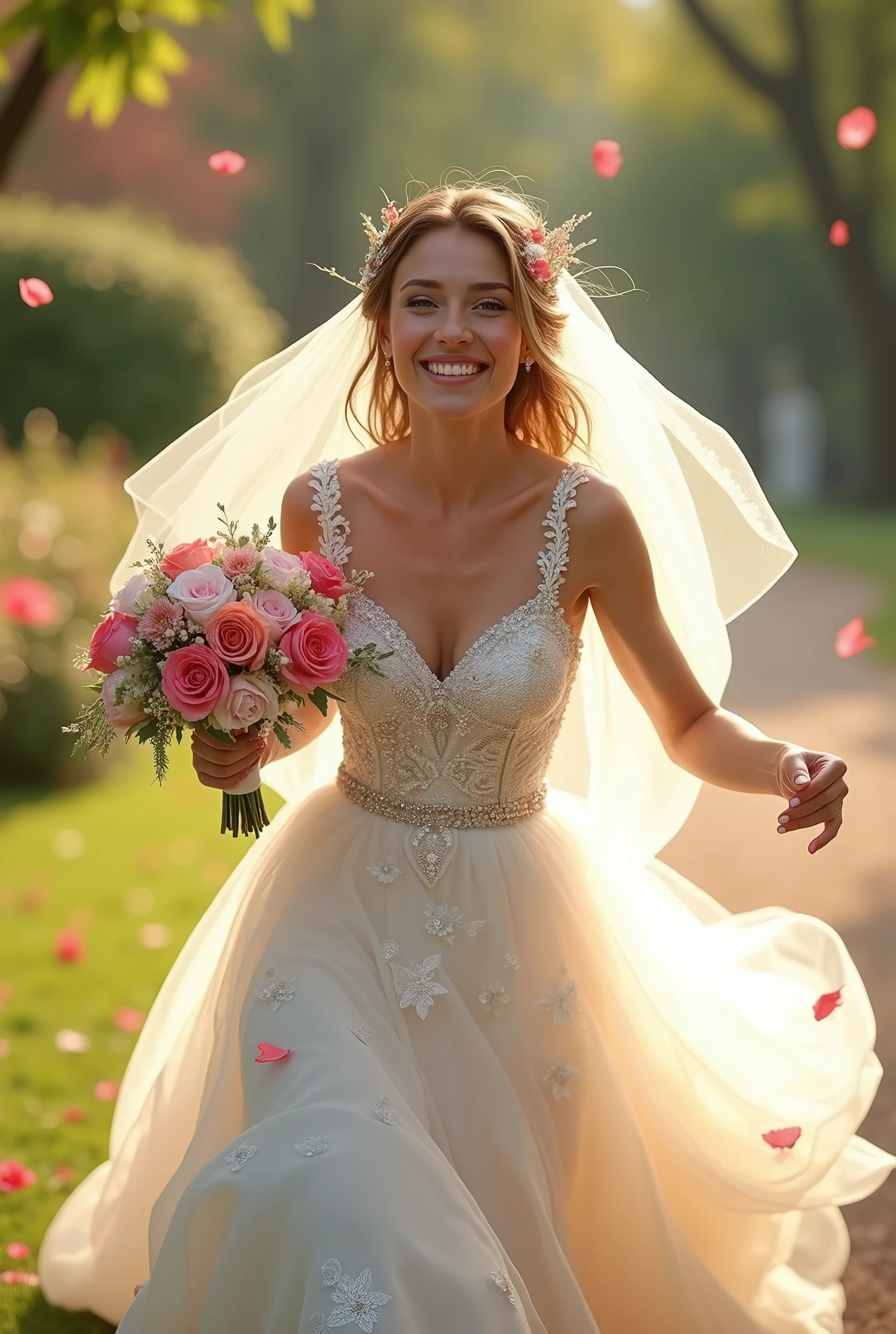 A radiant bride, glowing on a sunlit day, adorned in a breathtaking wedding gown embellished with intricate details and bridal makeup. Her hair is beautifully styled with floral ornaments, carrying a bouquet of vibrant blooms. She stands in a serene park, joyfully running towards you with a warm smile, arms outstretched in a gesture of embrace.