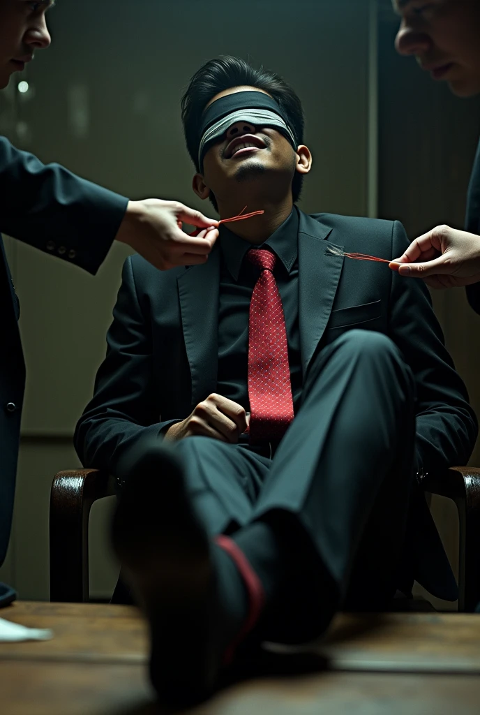 Malay handsome man Zarul 25 years university student
Get kidnapped in warehouse and Haqiem feet tied up and get blindfolded
Haqiem’s hand tied up
Black Suit and Red tie
Black sock
feet on desk
5 toes each feet
He's ticklish
Focus on his black sock feet
A man tickle his feet
using feathers
Haqiem laugh uncontrollably
2 mafia pinch nose
