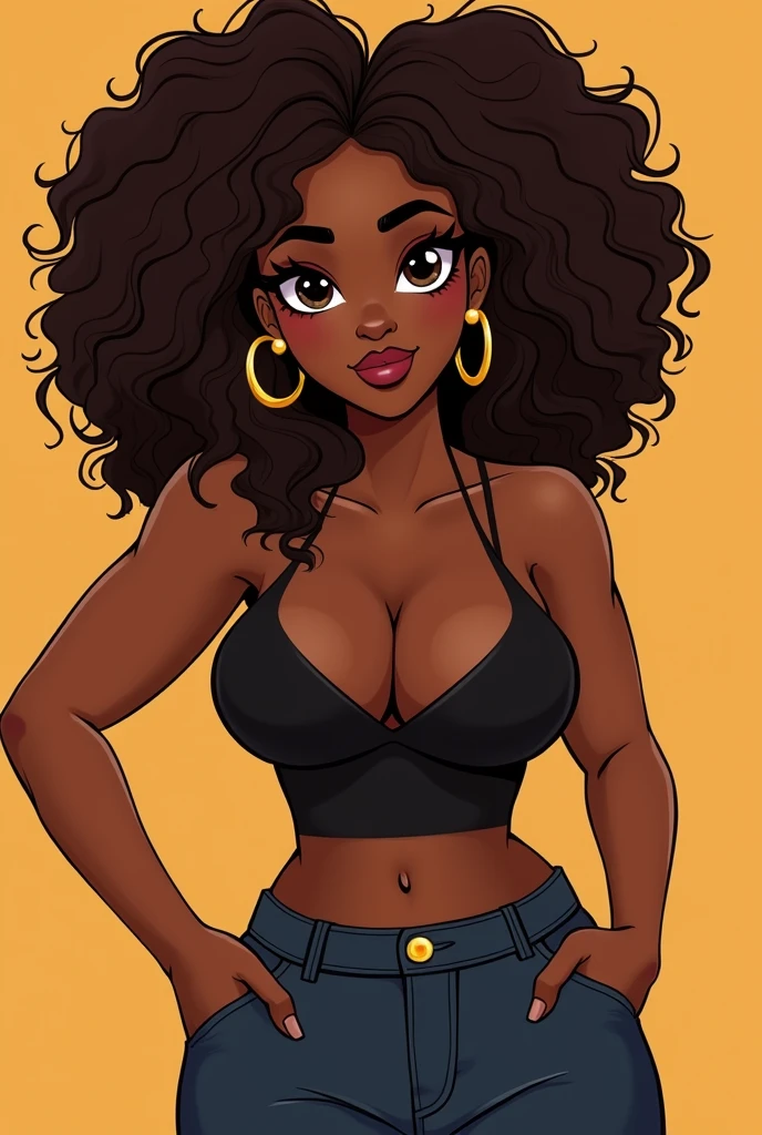 A full body of a Hispanic black women with curly Black with blonde bangs that’s mid back length, hazel eyes, Wide hips, medium big bust, big bubble butt, slight pooch on stomach, slim-ish waist, Have beauty mark near left eye, freckles on cheeks and breast, full lips, slightly thin eyebrows, full lashes, and light brown skin in a black fitting dress.