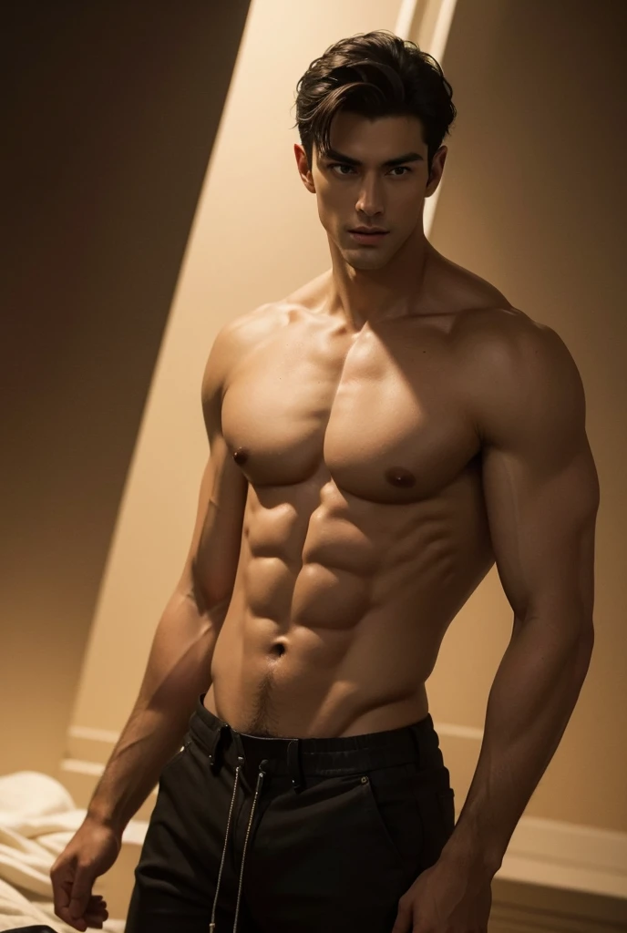 y tall handsome muscular young man [a discovery of a new world | nudince in brief | looking at the viewers romantically], [adventure:fantasy:0.8] cinematic Lighting