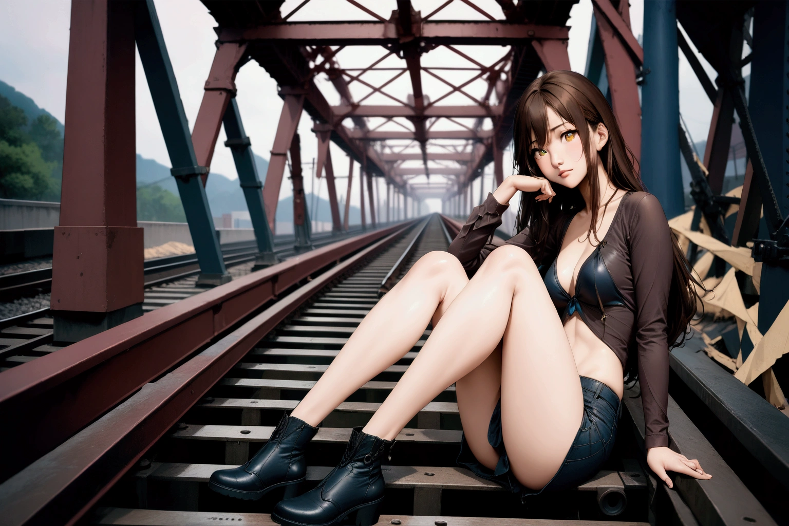 realistic anime illustration of pretty woman in brown dyed long hair is sitting on railroad tracks, bridge, brown shirt, navy-blue denim pencil mini skirt, black ankle boots, (1girl, solo, full body), (masterpiece, best quality, japanese anime style), (expressive eyes, perfect face, perfect body)