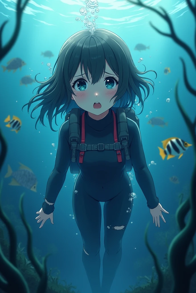 anime girl underwater in wetsuit and scuba gear scared and tied up and drowning