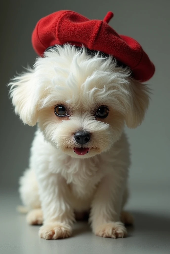 Bichon Frise with beret and evil face