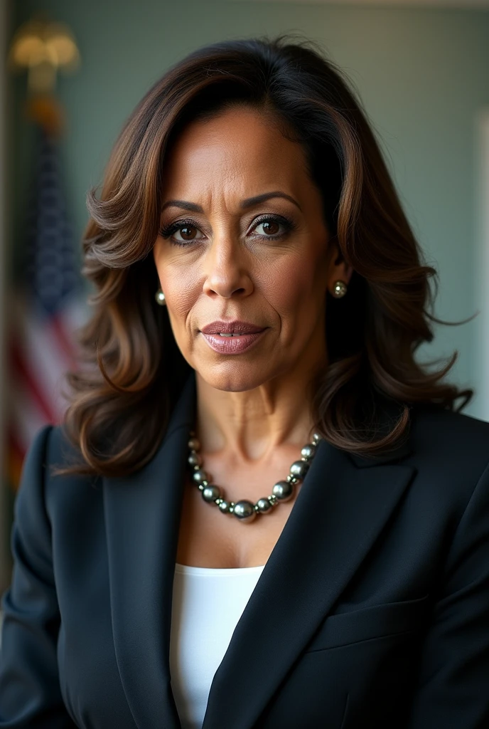 kamala harris has donald trump's hairstyle and donald trump's suit on