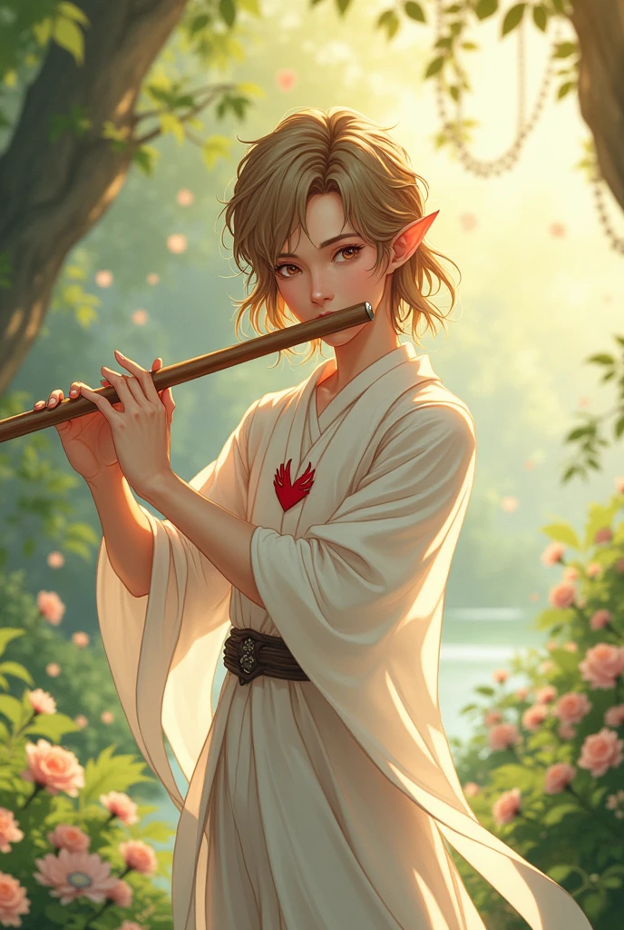 a young half-elf man with delicate, feminine features and shoulder-length light brown hair wearing white robes with a winged red heart symbol drawn on the clothes at chest level, playing the flute anime style