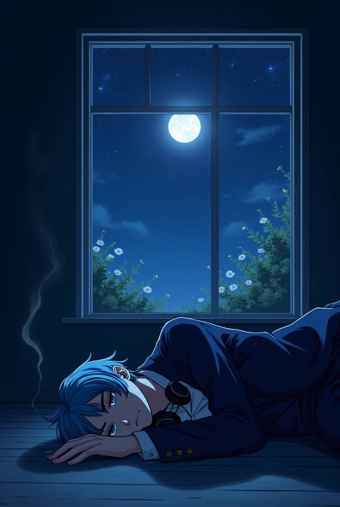 Creating an anime-style scene,The protagonist is a handsome, Beautiful face、 young man. He is lying down。, Exhausted, On the floor of a dark room. The room was empty, Increased loneliness. This young man is wearing a suit, Wearing a slightly messy shirt, Pants, and a coat that reflects his tired state. His hair and eyes are shiny blue or sky blue, Emits soft light,Contrast with the shadows in the room. His hair falls lightly on his forehead, His eyes are half open, Reflecting his tiredness. A hand, He holds a cigarette in his hand, A wisp of light smoke rises. He has a pair of water headphones hanging around his neck., Add a modern touch to the scene. Through a large window, The night sky is clearly visible, Filled with countless stars,Gradient color, Integrate with each other. The windows are in the right place,Moonlight can shine through, Casts a soft glow into the room,Highlight the flowers and plants outside. The bright moon hangs high in the sky, Adds to the overall atmosphere of solitude and quiet reflection."