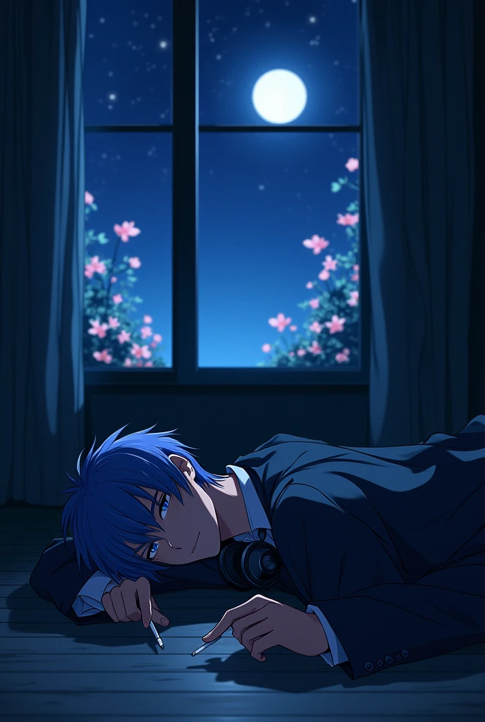 Creating an anime-style scene,The protagonist is a handsome, Beautiful face、 young man. He is lying down。, Exhausted, On the floor of a dark room. The room was empty, Increased loneliness. This young man is wearing a suit, Wearing a slightly messy shirt, Pants, and a coat that reflects his tired state. His hair and eyes are shiny blue or sky blue, Emits soft light,Contrast with the shadows in the room. His hair falls lightly on his forehead, His eyes are half open, Reflecting his tiredness. A hand, He holds a cigarette in his hand, A wisp of light smoke rises. He has a pair of water headphones hanging around his neck., Add a modern touch to the scene. Through a large window, The night sky is clearly visible, Filled with countless stars,Gradient color, Integrate with each other. The windows are in the right place,Moonlight can shine through, Casts a soft glow into the room,Highlight the flowers and plants outside. The bright moon hangs high in the sky, Adds to the overall atmosphere of solitude and quiet reflection."