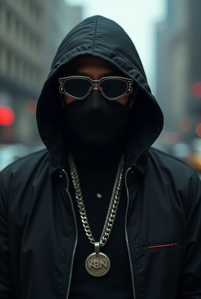 A rapper with face hidden  glasses and mask 
Album name KBN 
2027 