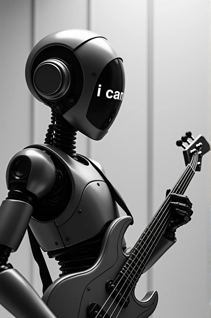 thoughtful robot, bass guitar, black andwhite, and on the screen of your face written "I can do it".