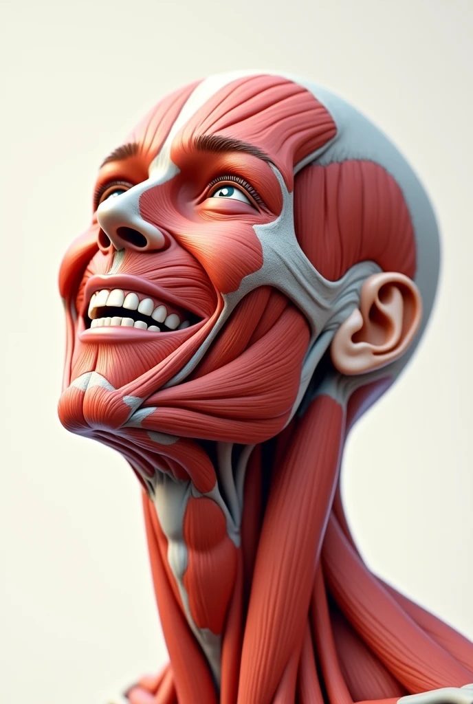 Facial muscles smiling and looking up and to the left side without skin