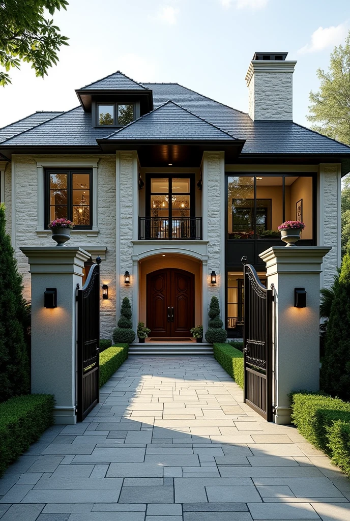 front of two-story house with masonry wall and glass with vehicle entrance gate and door for people to enter, gate on one side and door on the other