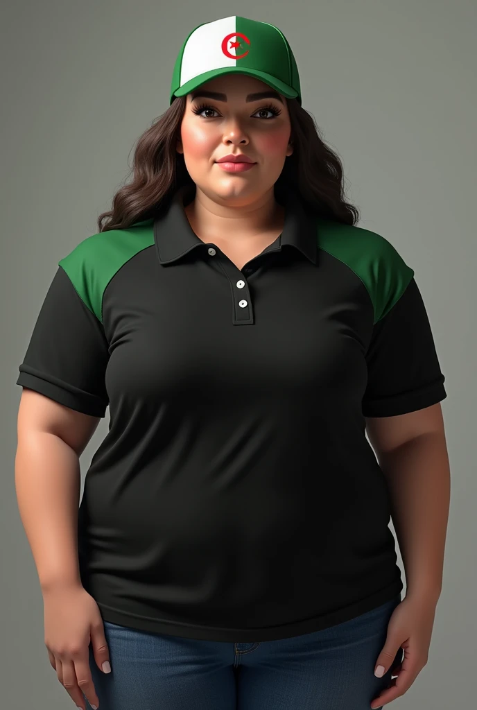 Fat woman wearing black block polo shirt, white and green baseball cap with Algerian flag,,,very realistic image,realistic images,4K,