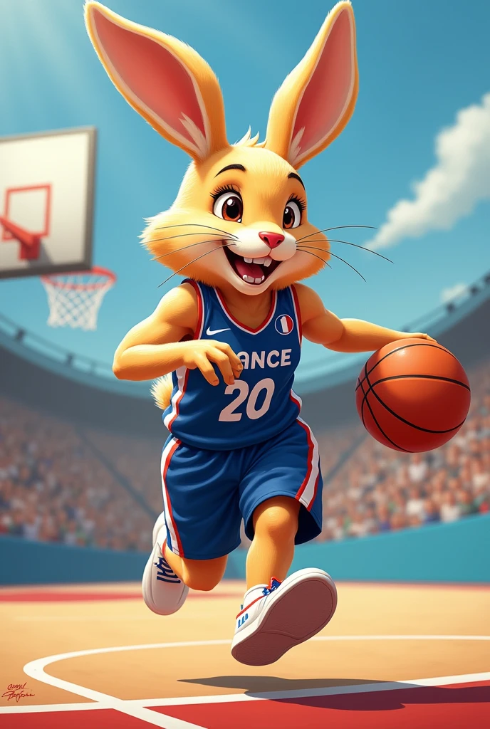Une lapine qui joue au basket-ball equipe de France avec une  tete de golden retriever avec tete de golden 