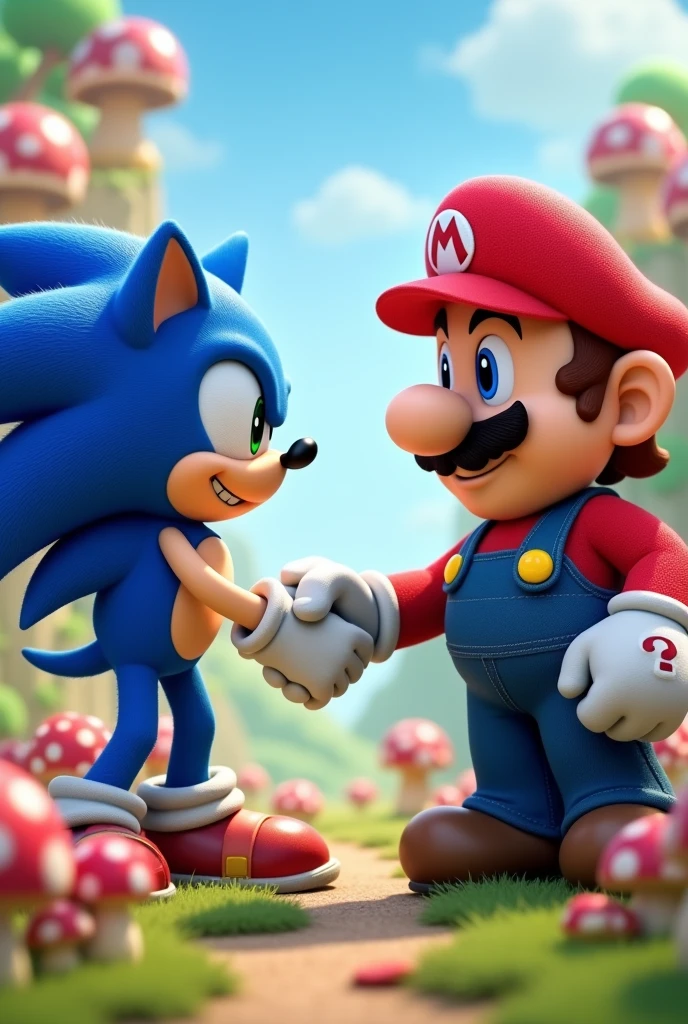 Sonic shaking hands with Mario Bros.