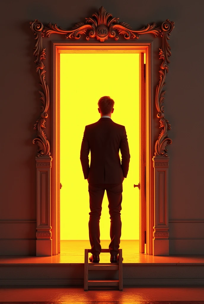 Create a man at the top of a ladder in front of a bright door.. Above the door it says 2014. The man is wearing casual but very elegant black clothes..