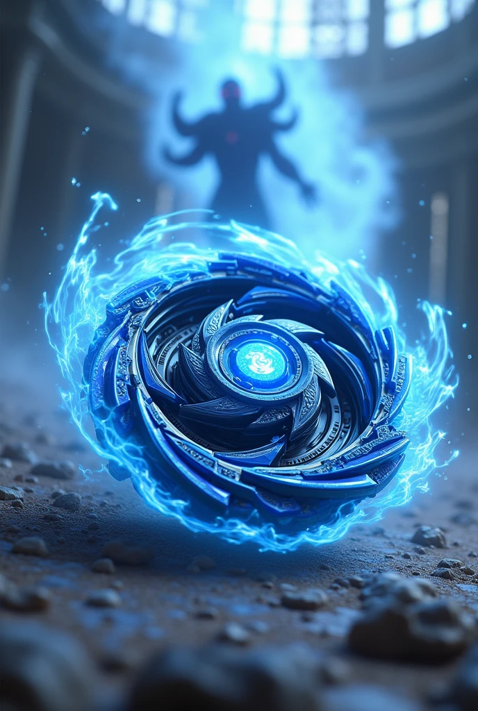 Very cool blue legendary Beyblade with a spirit monster behind it