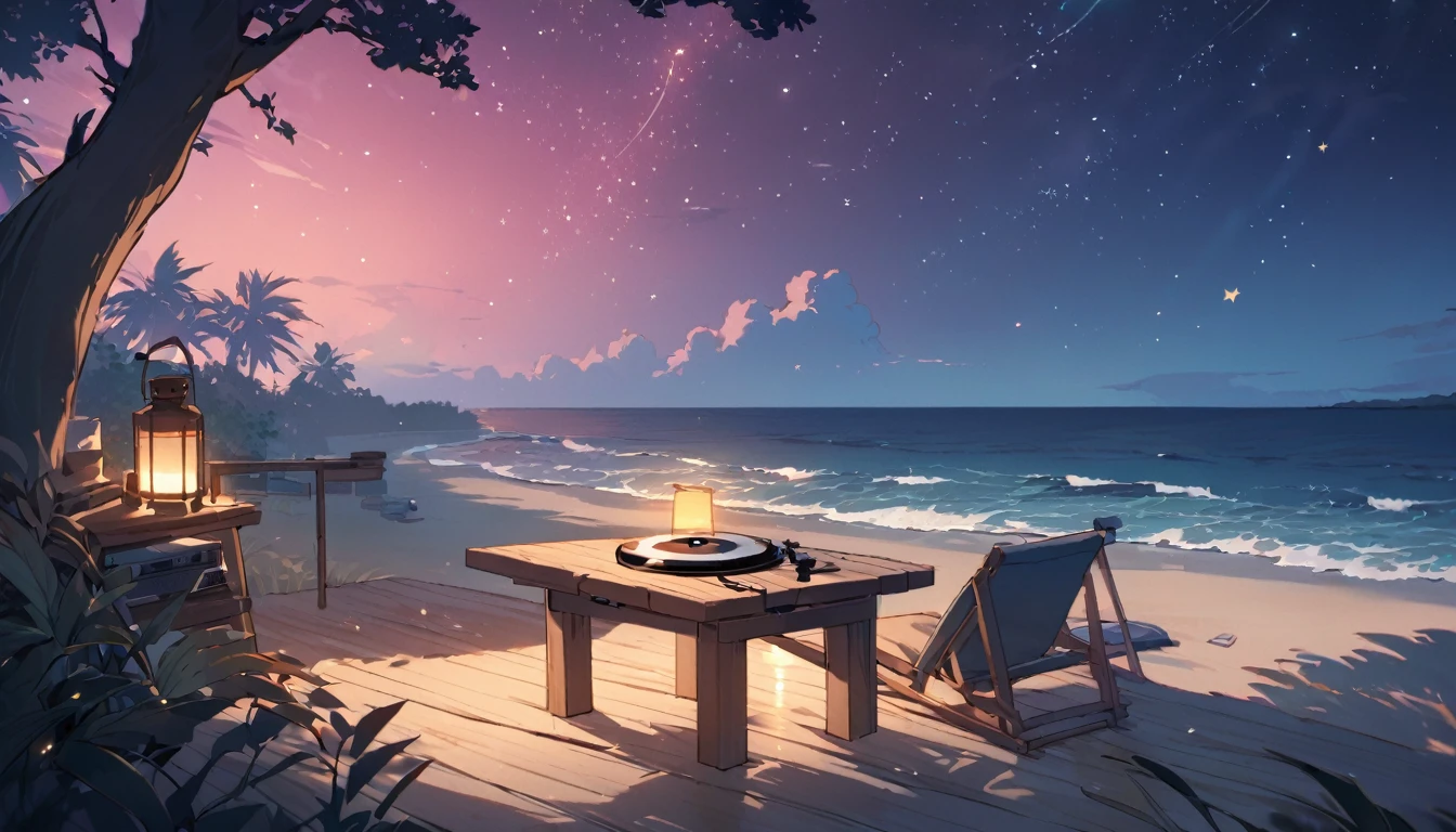 A tranquil night by the ocean, where gentle waves lap against the shore under a starlit sky. The scene is bathed in soft, soothing moonlight, with a cozy beach setup featuring a low wooden table, candles, and a vintage record player softly playing lofi music. A warm, glowing lantern hangs from a nearby tree branch, casting a calming amber light. The colors are muted blues and purples, with hints of pink and red in the sky. The overall atmosphere is serene, perfect for sleep and relaxation