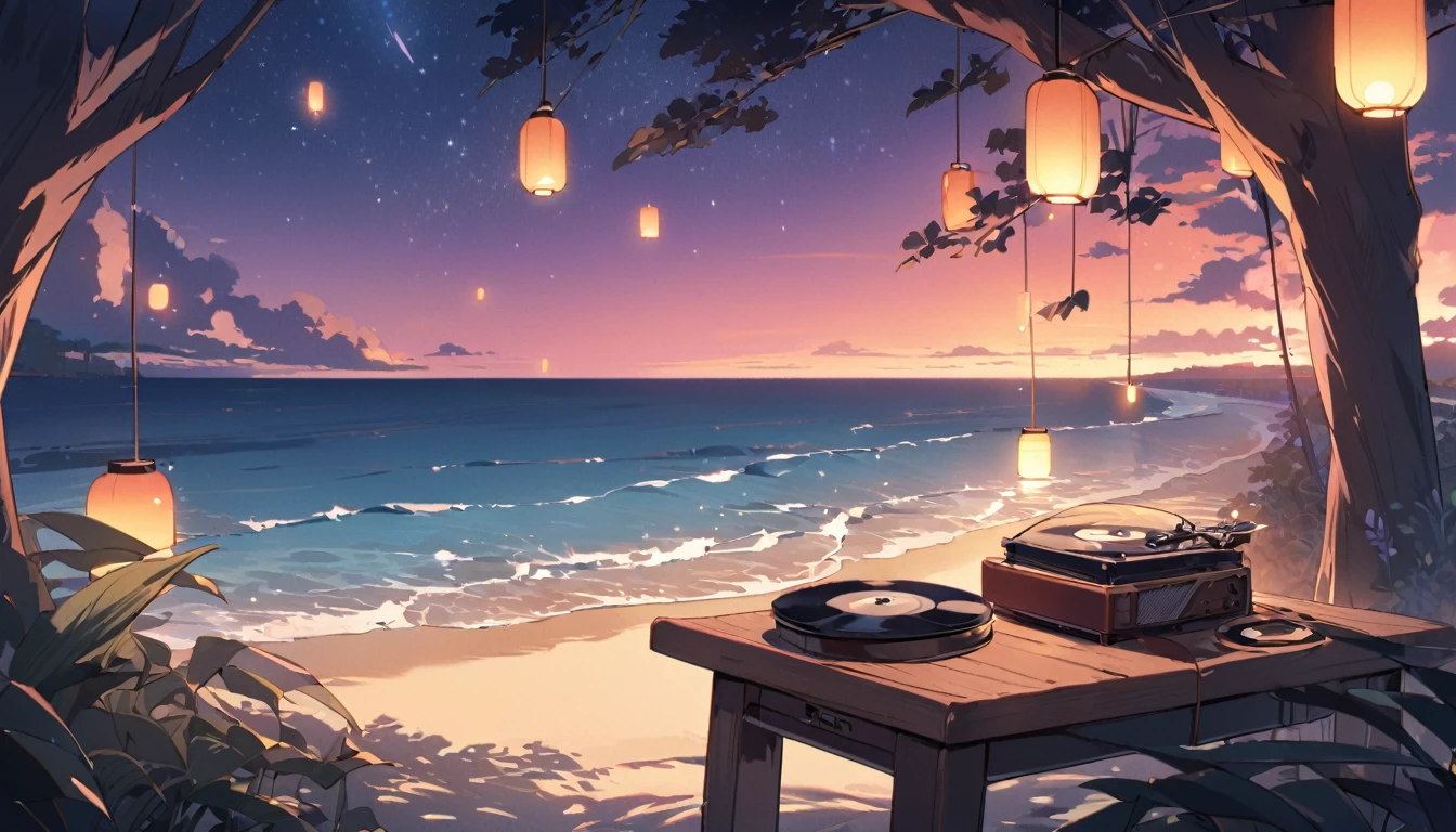 A tranquil night by the ocean, where gentle waves lap against the shore under a starlit sky. The scene is bathed in soft, soothing moonlight, with a cozy beach setup featuring a low wooden table, candles, and a vintage record player softly playing lofi music. A warm, glowing lantern hangs from a nearby tree branch, casting a calming amber light. The colors are muted blues and purples, with hints of pink and red in the sky. The overall atmosphere is serene, perfect for sleep and relaxation