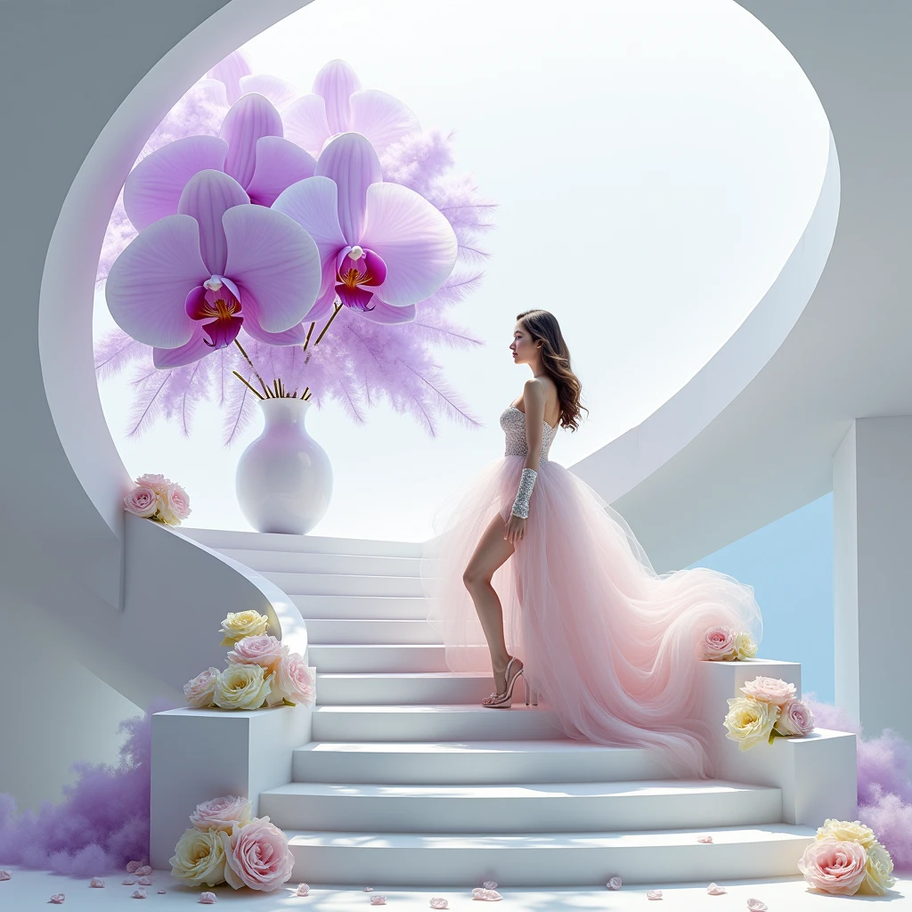 On a white screw, с goldм лестнице, Curved, there stands a cute girl, in extravagant clothes, away from the light fog around and at the feet, minimalist, elegant, pure gentle, Soft bright light, veil, sheer curtains, lace underwear, beautiful white staircase with white flowers along the entire staircase,, photorealistic. Giant White Orchid , with huge and long purple petals. (petal made of thin and soft tulle, flowing petals full background, floating petals, hyperflying petals, at the feet Mixture of purple smoke and fog effects from colored blue fog on the ground and petals). Extravagant, beautiful woman full length, nice legs,shoes, in a fast dance in a flying pose, lace,gold,white staircase, strewn with pale pink and yellow roses, stair, U-shaped, curved and wooden .