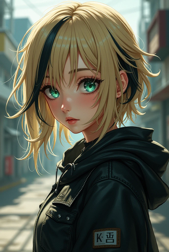 Girl with blue/green eyes, blonde with black layers, with an alt style, draws in the tokyo revengers anime