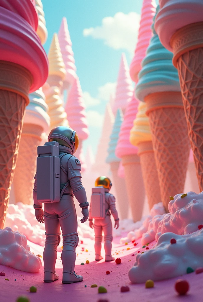 Des astronautes découvrant une nouvelle planète, la planète de cornet de glace