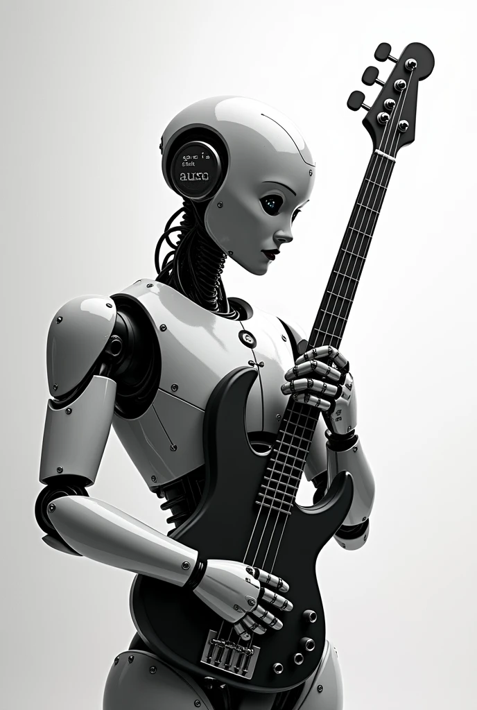 thoughtful robot, bass guitar, black andwhite, and on the screen of your face written "I can do it", looking forward.